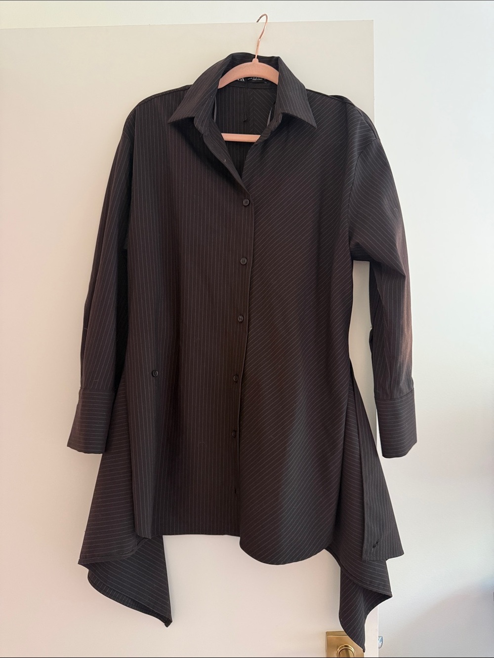 Zara Black Pinstripe Asymmetric Button-Up Tunic